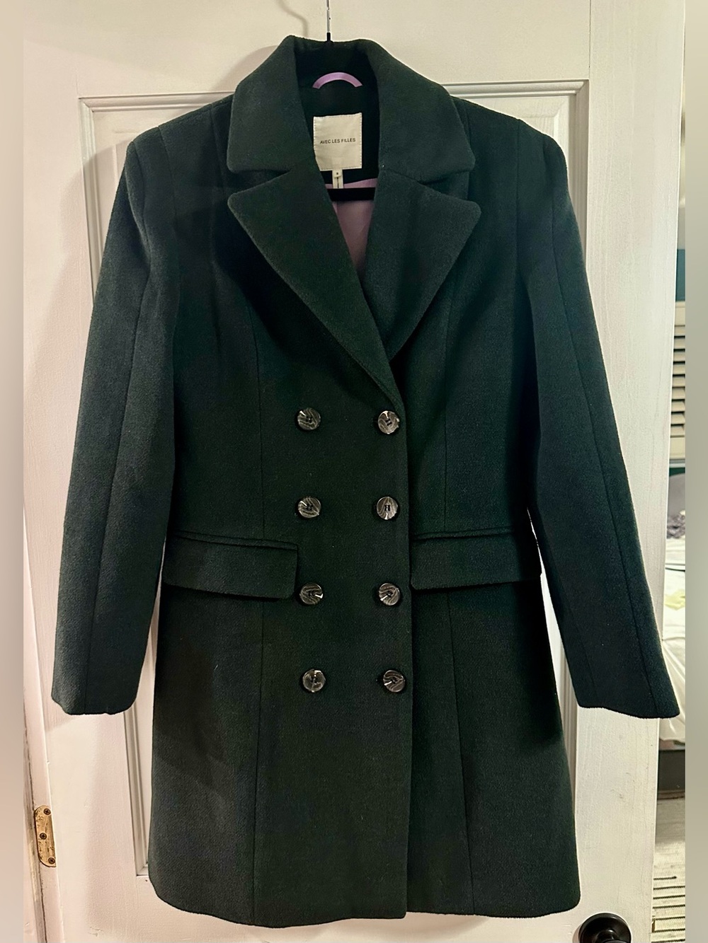 Avec Les Filles Dark Green Double-Breasted Wool Blend Coat Size Small